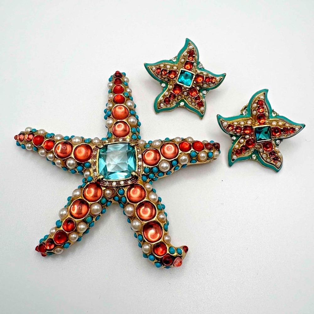 Vintage KJL Starfish Brooch and Earrings Kenneth Jay Lane Cabochon Faux Pearls